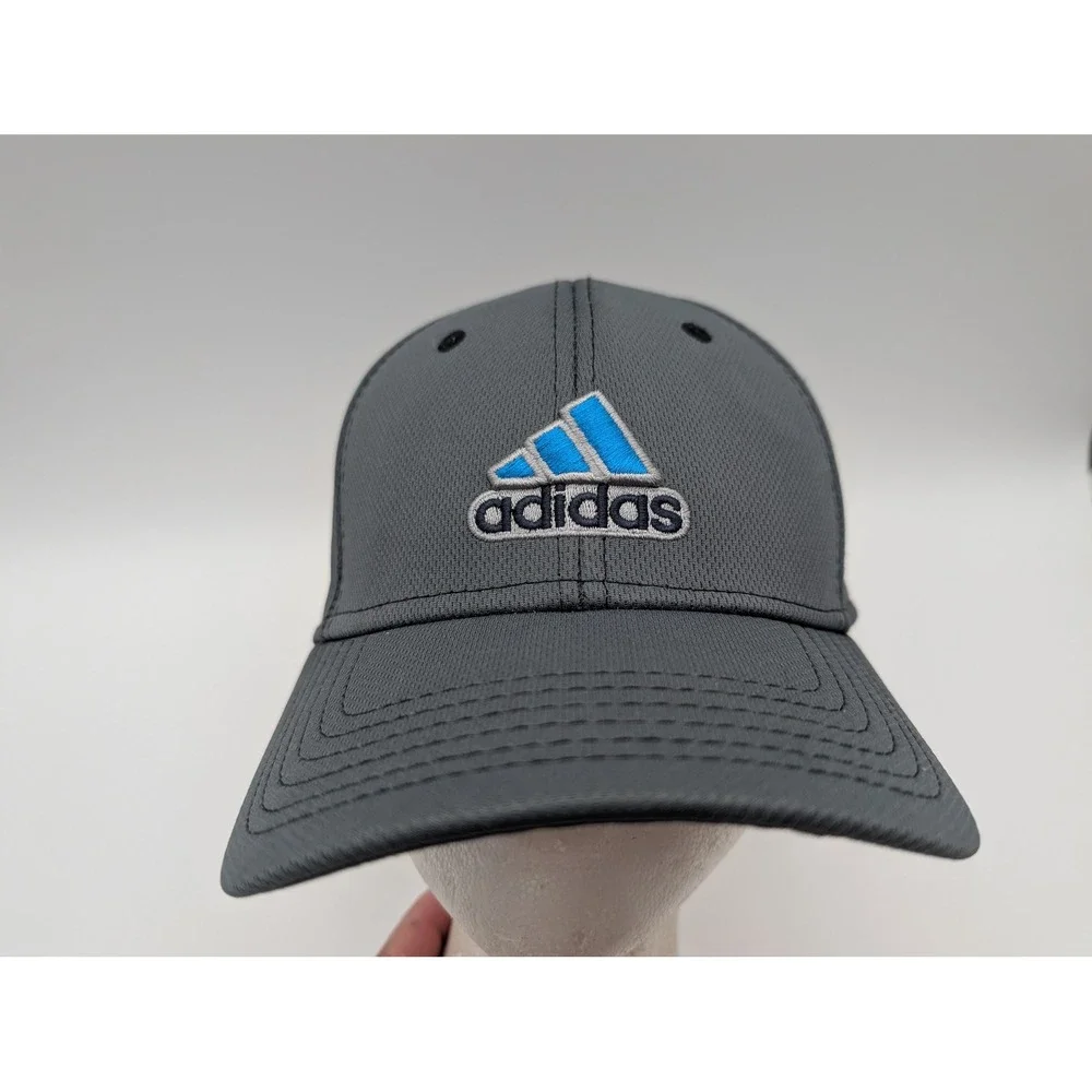 Adidas Mens Gray Blue Logo Performance Stretch Fit Baseball Hat Cap